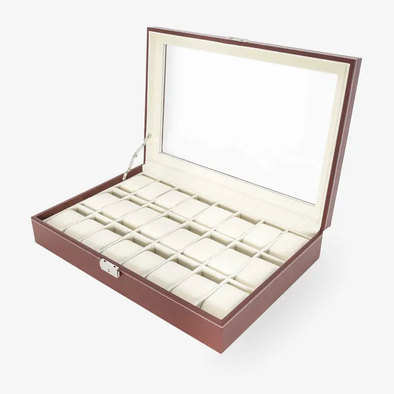 Uhrenbox für 24 Uhren PU Dark Brown / Samt Beige