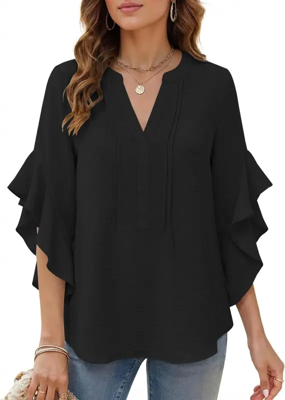 V-Ausschnitt Bluse mit Rüschen und 3/4-Ärmeln