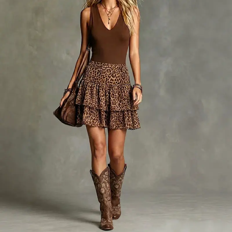 V-Ausschnitt Kleid mit Leo-Print