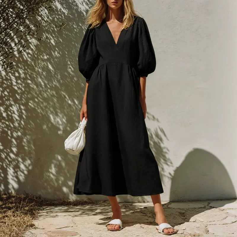 V-Ausschnitt Kleid mit Puffärmeln