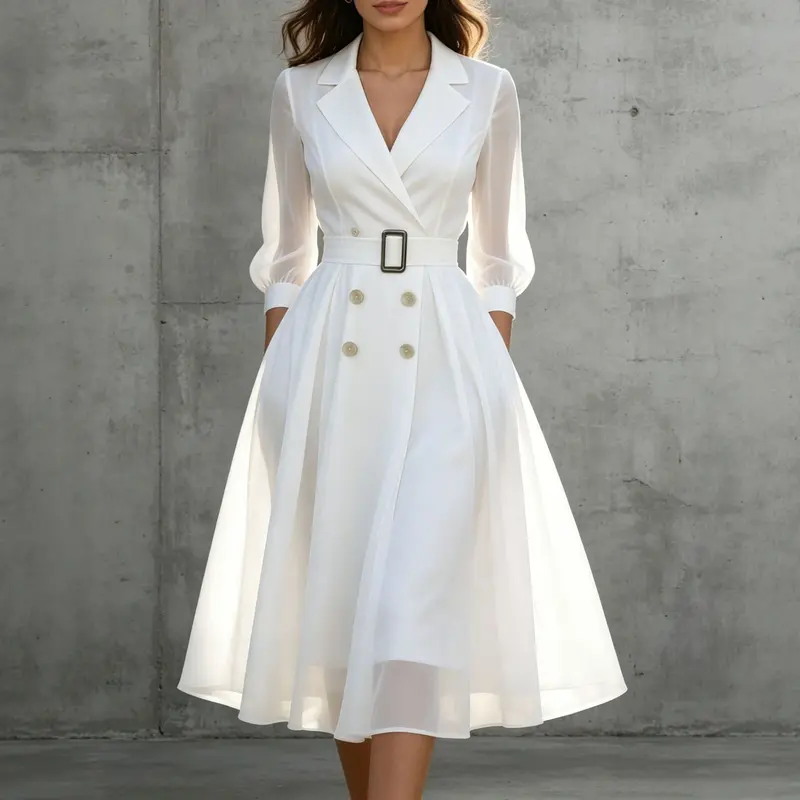 V-Ausschnitt Tailliertes Langarmkleid Damen