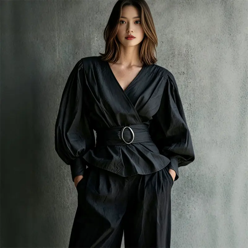 V-Neck Bluse mit Rüschen und Puffärmeln