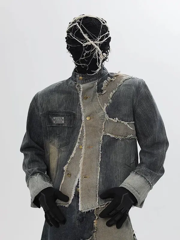 Vintage Patchwork Distressed Jeansjacke für Herren