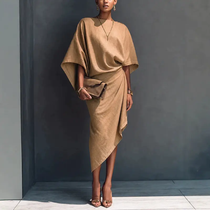 Weiten-sitzendes Batwing-Midi-Rockkleid asymmetrisch