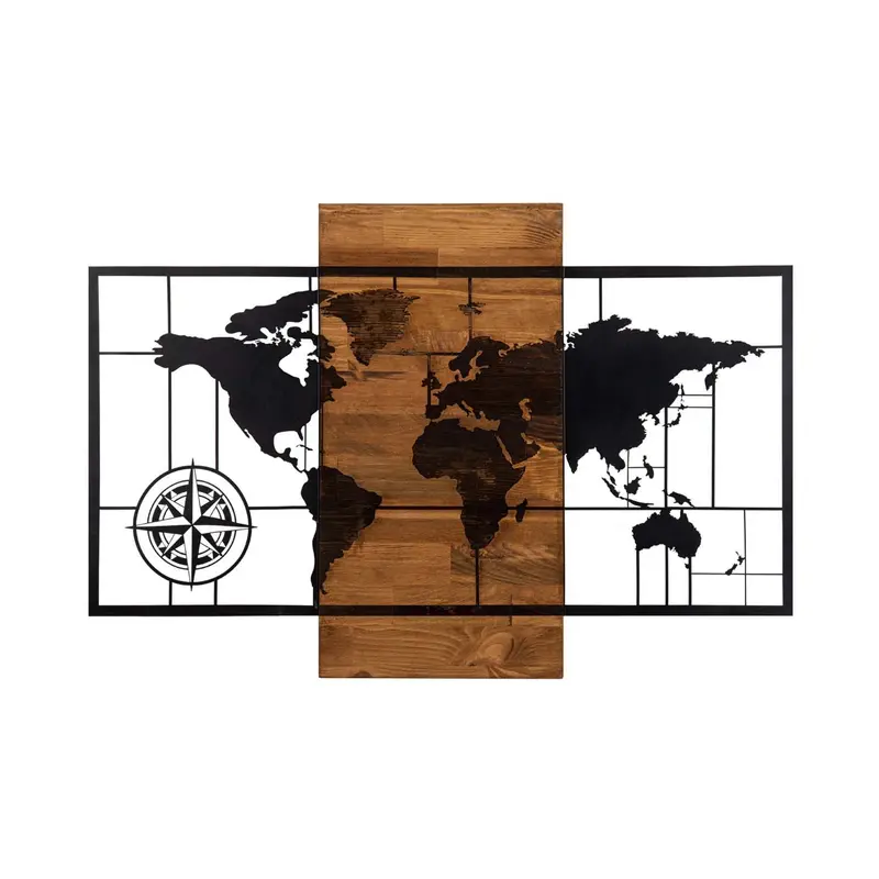 World Map Wıth Compass Wanddeko - Schwarznuss