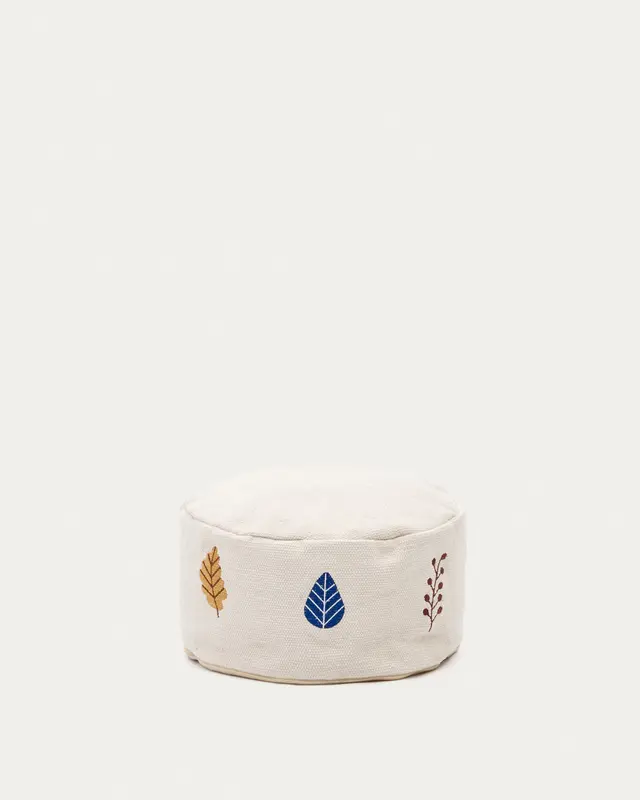 Yanil Pouf aus 100% Baumwolle weiss mit bunten Blättern bestickt Ø 40 cm