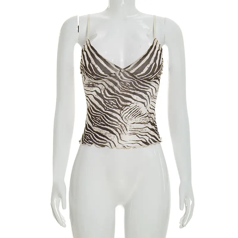 Zebra-Print V-Neck Mesh Camisole